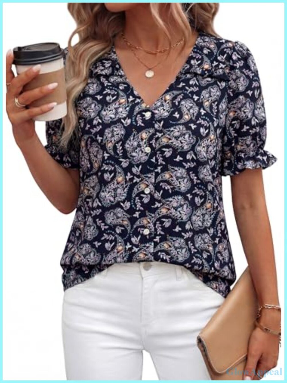 Boho Floral V Neck Puff Sleeve Blouse for Women